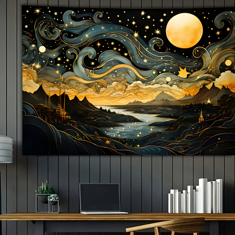 Interior Design Years Of School - Star‑and‑Moonlit‑Mountain Tapestry‑Large Polyester Tapestry with Captivating